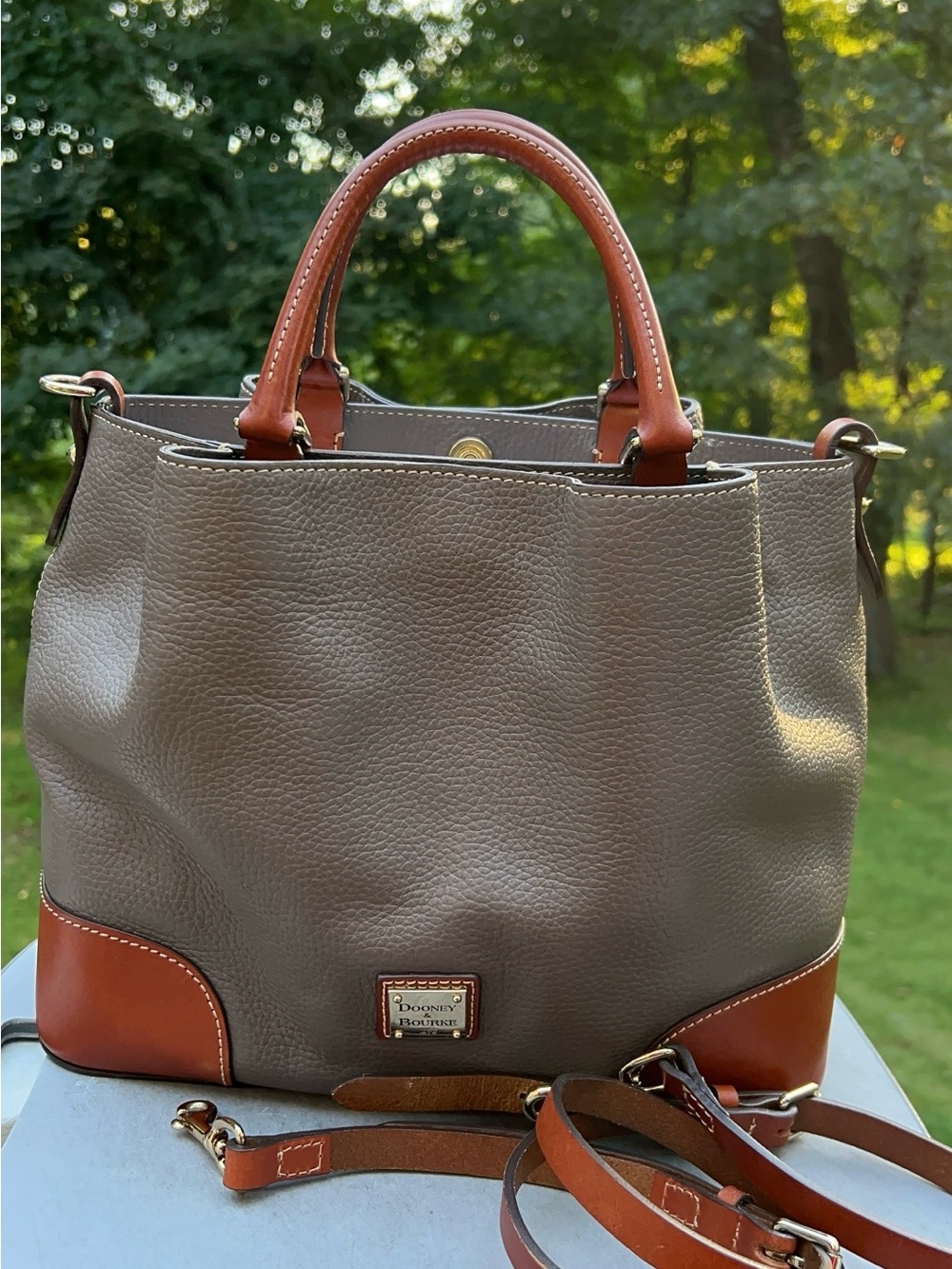 Dooney & Bourke Taupe Leather Shoulder Tote with Brown Trim